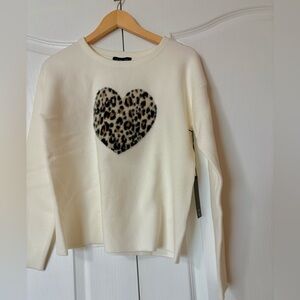 Rachel Zoe Cream Sweater with Leopard Heart Size Small